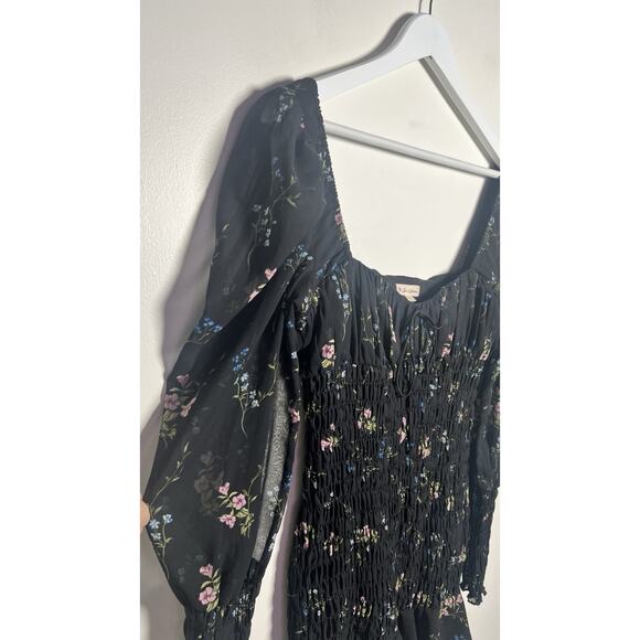 For Love & Lemons Medium Revolve Dixon Black Floral Chiffon Smocked Mini Dress - Picture 6 of 11